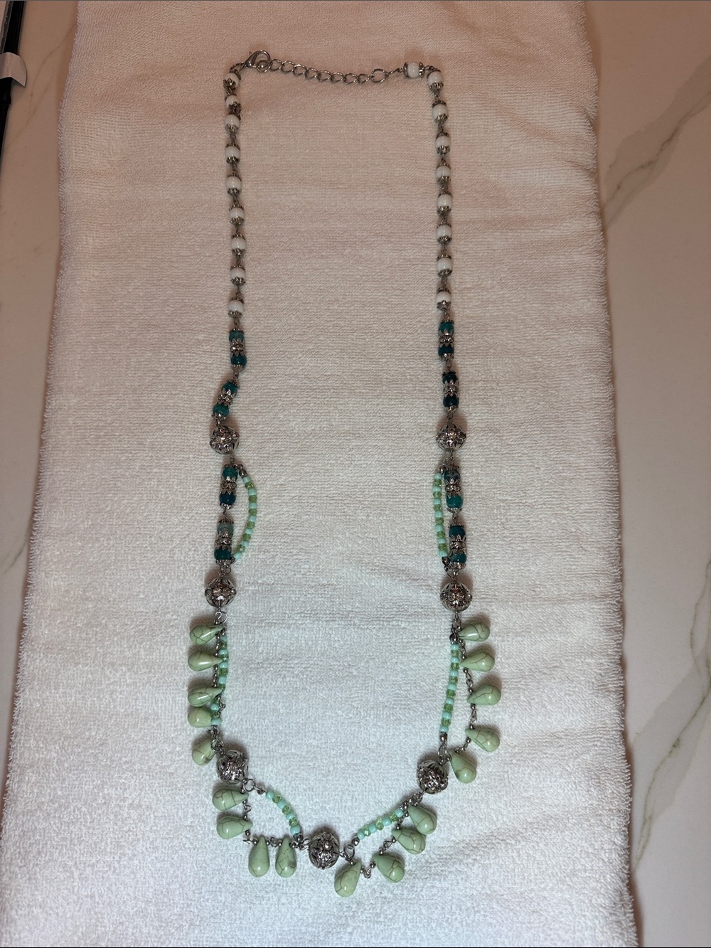 Italian Rome Artisan Beaded Statement Necklace Turquoise Green Silver Tone